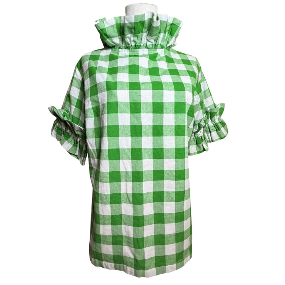 Elizabeth Wilson Green White Gingham Ruffle Collar Blouse Womens M
